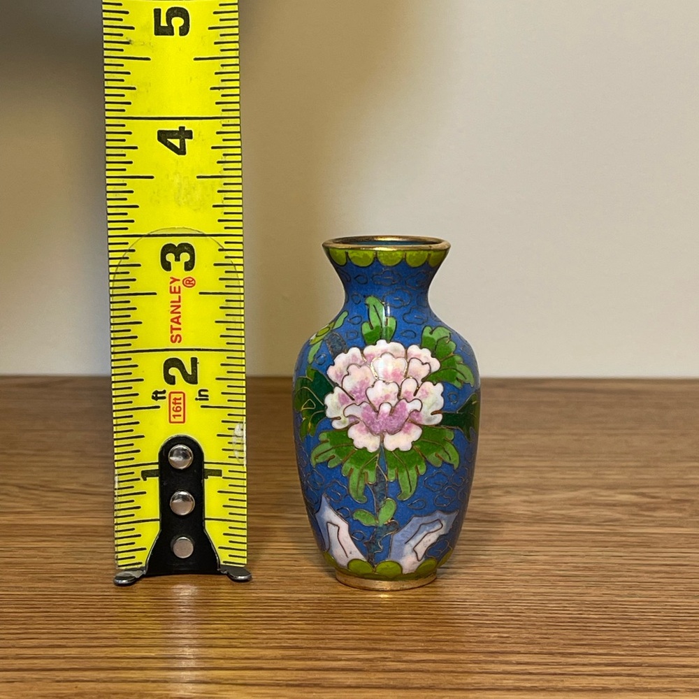Vintage Chinese Cloisonné Miniature Vase - 3" Blue Enamel Peony - Picture 6 of 8